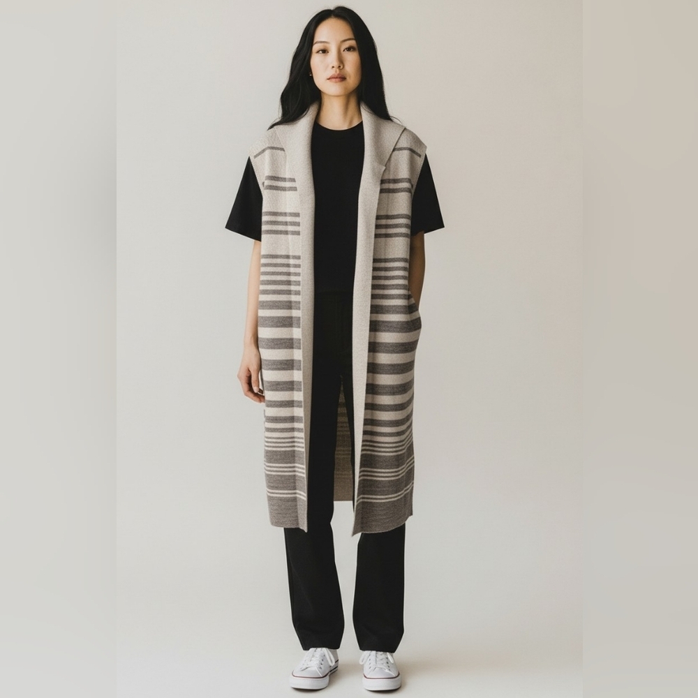 Max Studio Wool Blend Striped Sleeveless Cardigan Vest Sweater